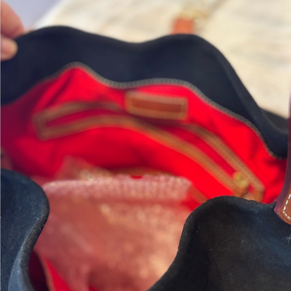 Dooney & Bourke black suede drape tote with brown leather trim. - Picture 10 of 12